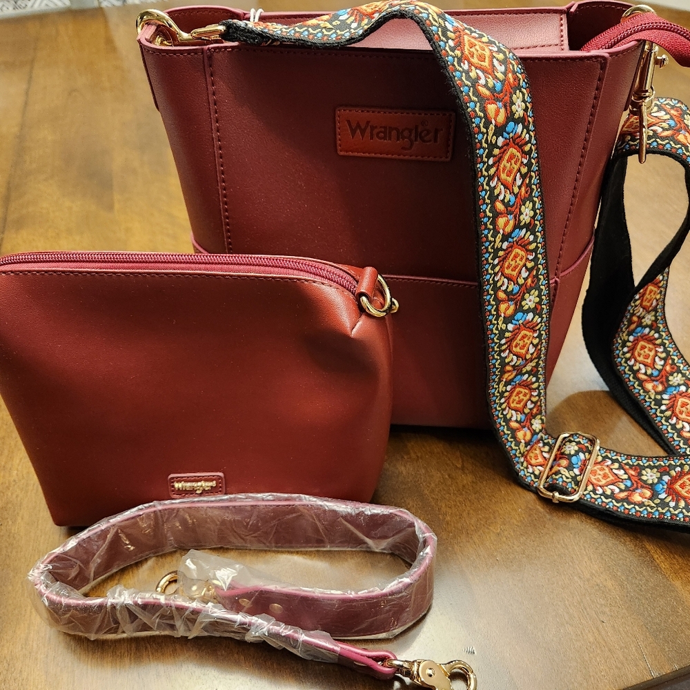 Wrangler Maroon Shoulder Bag with Colorful Embroidered Strap- Set/2 Handbags